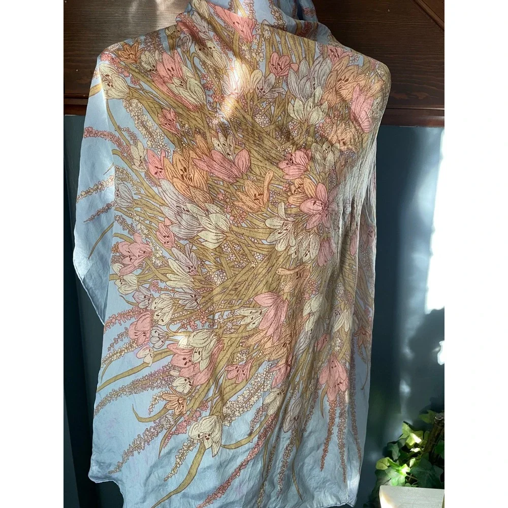 Vintage Anne Klein Silk Scarf Light Blue Pink Floral Print